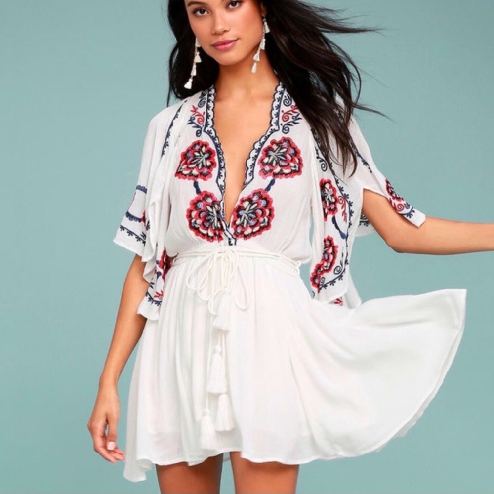 Free People White Mini Dress with Red & Navy Embroidery - Picture 1 of 8